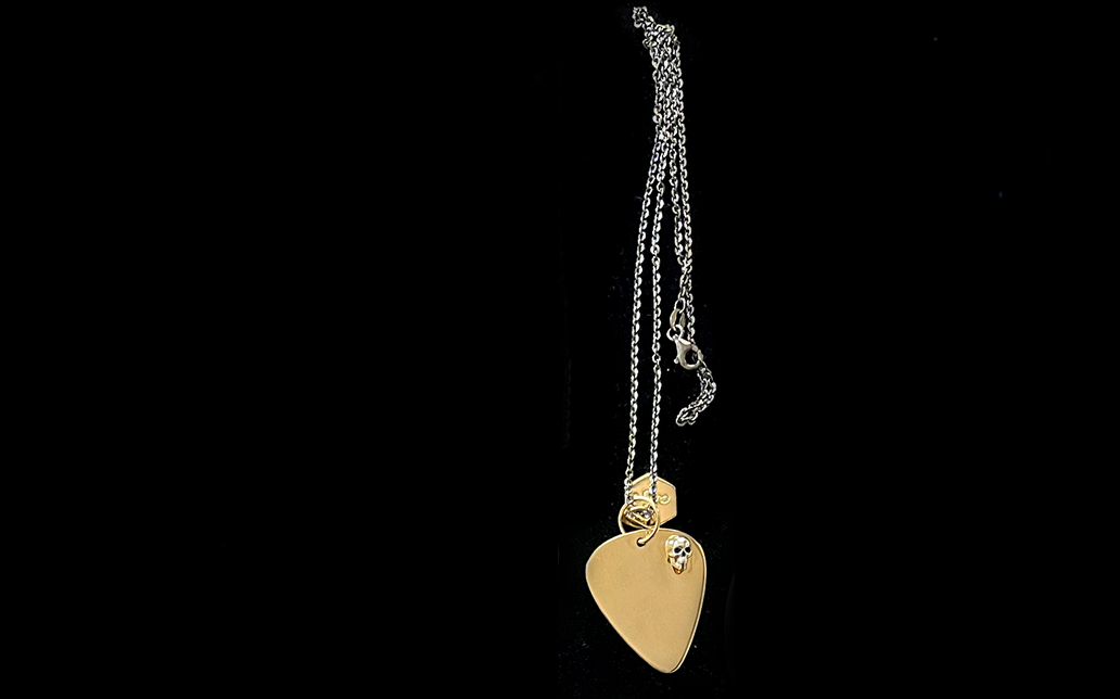14K Gold Guitar Pick with Solid Sterling Silver Skull