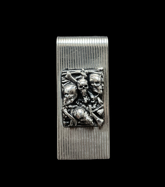 Solid Sterling Silver Money Clip with Skull and Bones