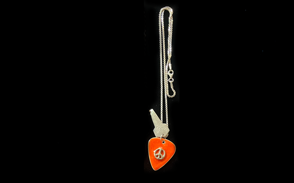 Silver Peace Sign on Orange Enamel Solid Sterling Silver Guitar Pick