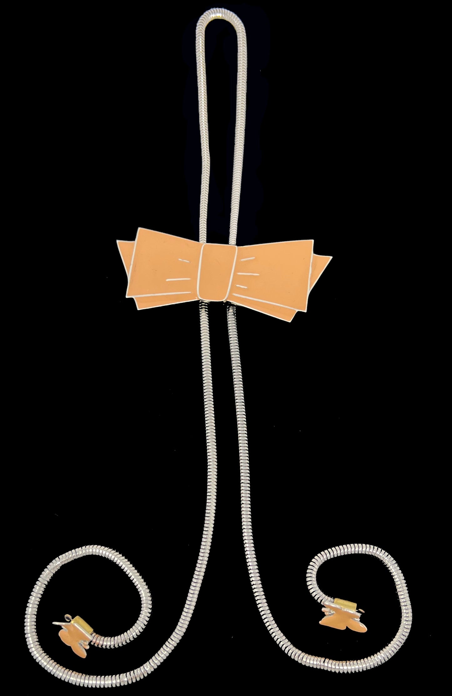 Peach Orange Hard Enamel Bow Bolo Tie Necklace with Solid Sterling Silver