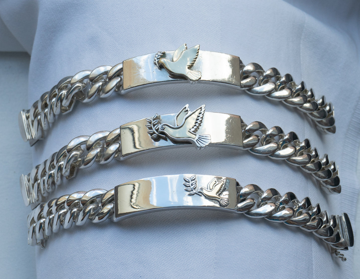 Dove of Peace with Olive Branch ID Bracelet Collection with Sheets of 14k Gold Inlay