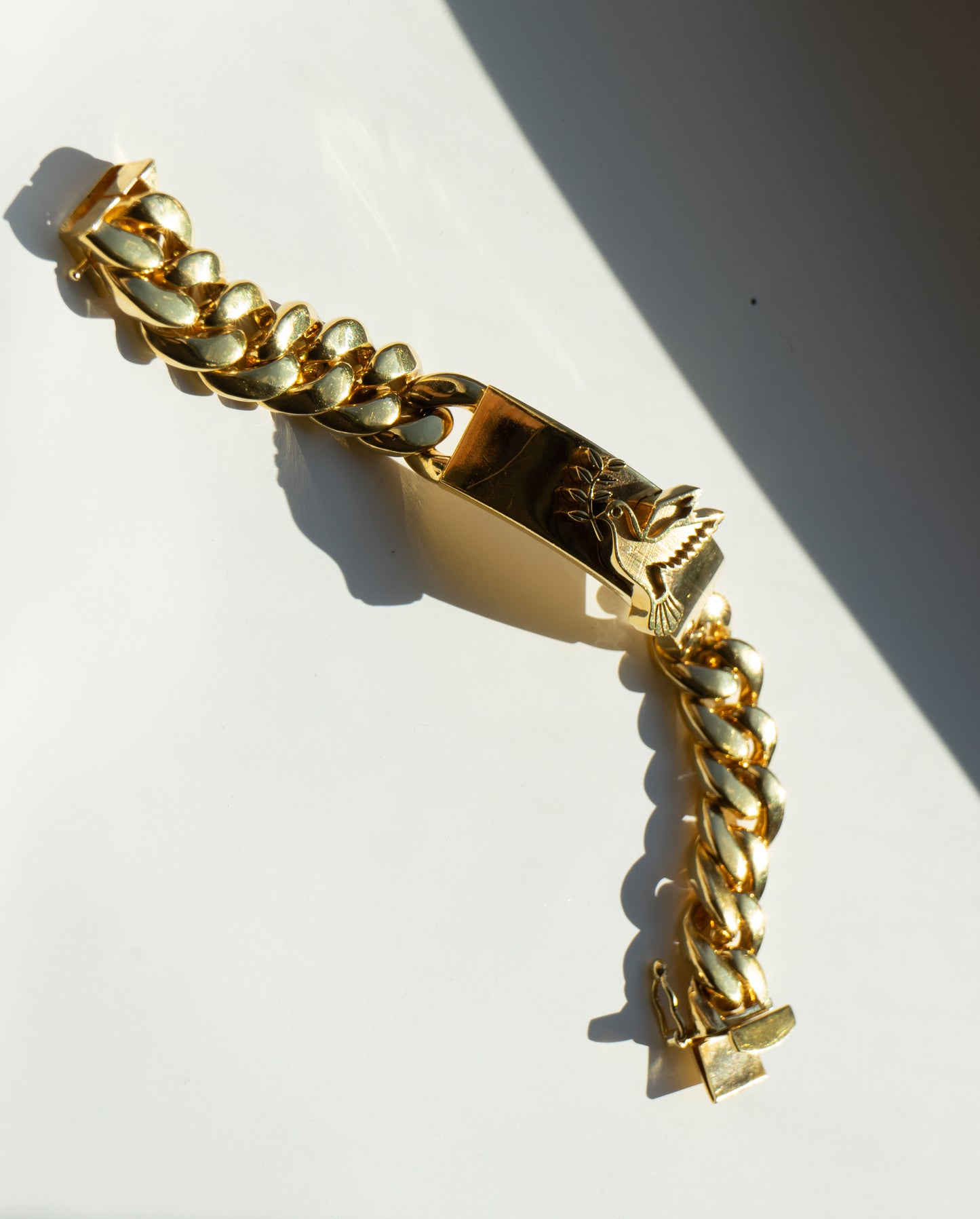 Dove of Peace holding an Olive Branch in Solid Heavy Multilayers of 18k Gold 2.5 Micron Plate ID Bracelet