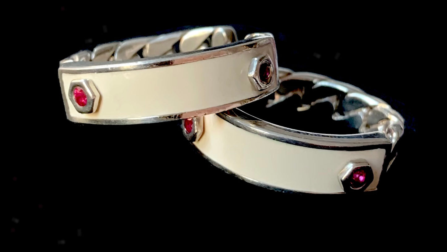ID Solid Sterling Silver Hoops in Cream Enamel with Rubies