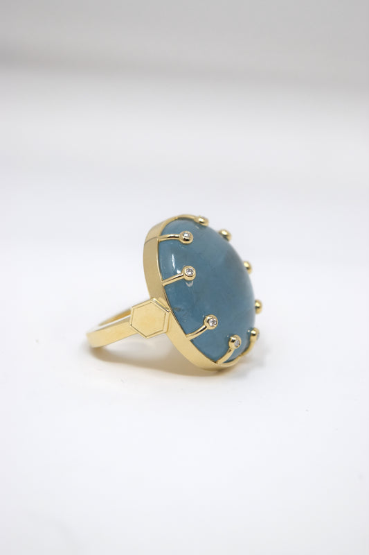 Solid 10k Gold Consort Ring with Large Oval Aquamarine Stone and x9 Diamonds