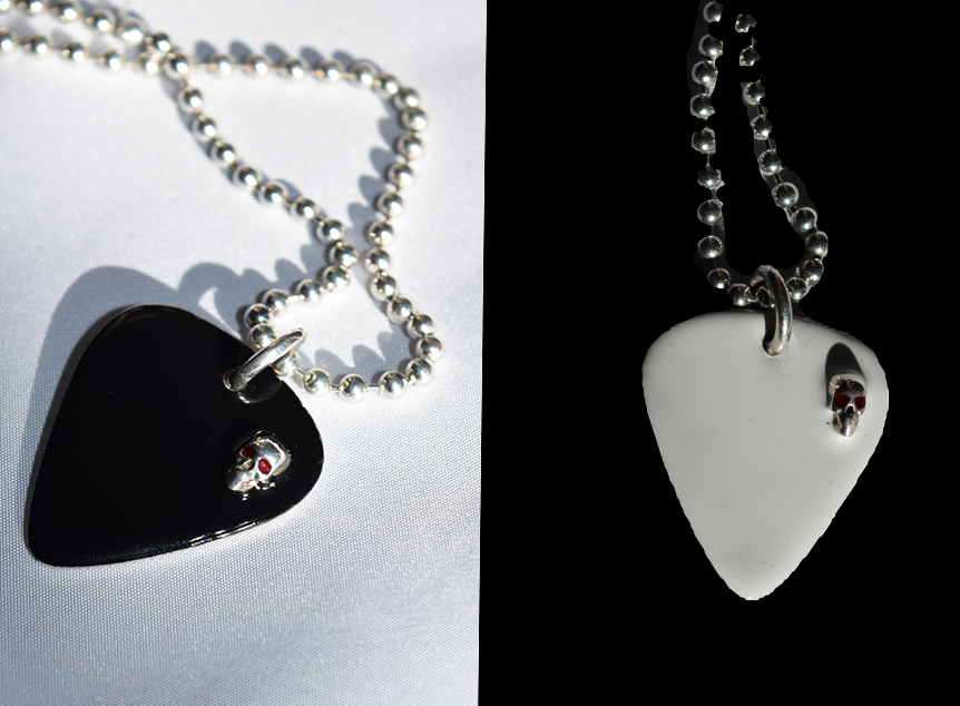 REVERSIBLE Black and White Enamel with Silver Skull with Red Enamel Eyes Solid Sterling Silver Guitar Pick