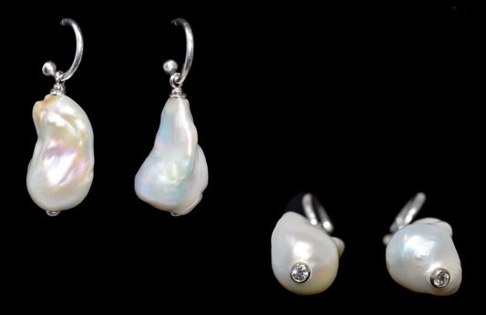 White Diamond Baroque Pearl Drop Earrings with Solid Sterling Silver Detachable Hoops