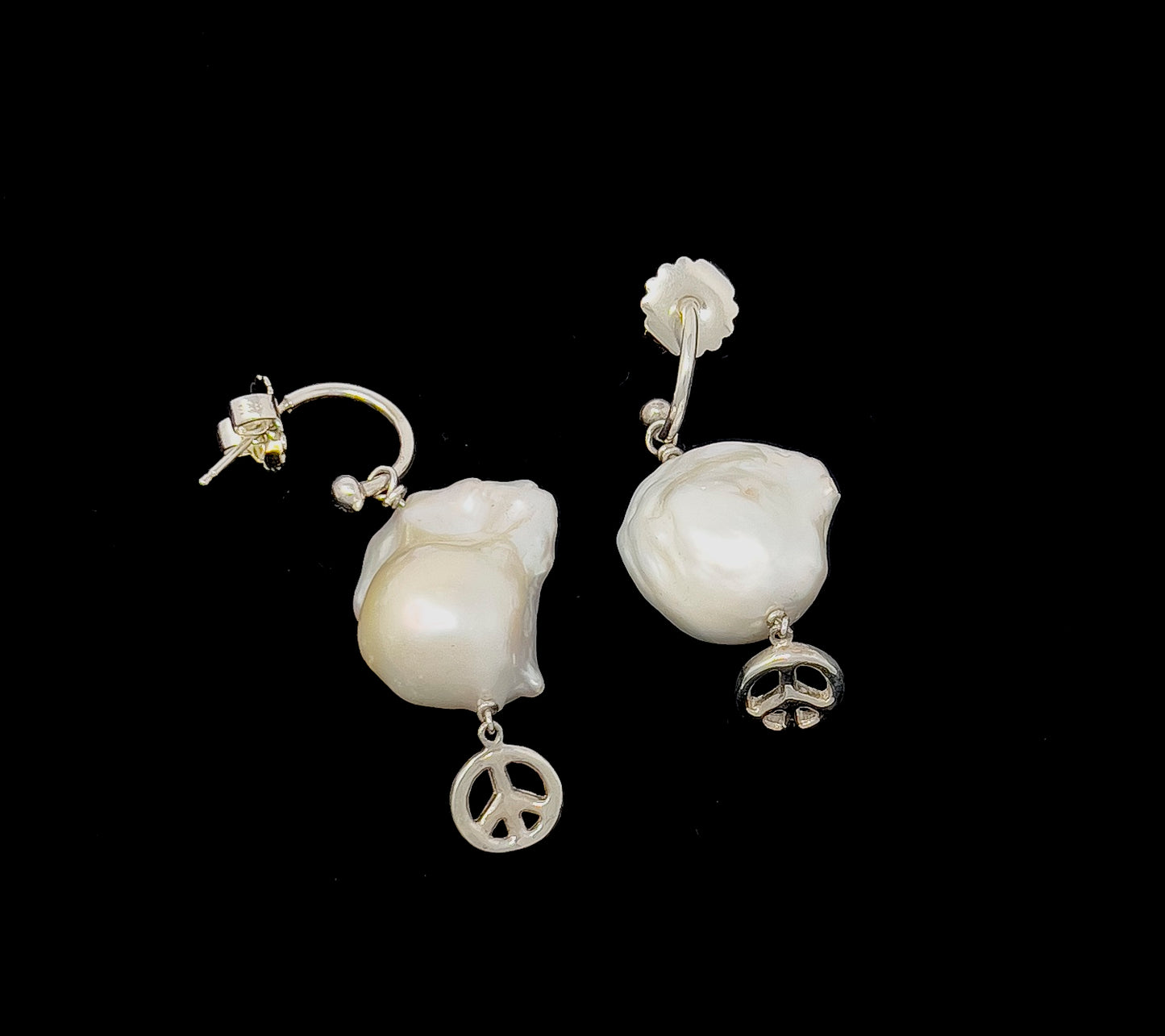 Baroque Pearl Peace Sign Earrings with Solid Sterling Silver Detachable Hoops