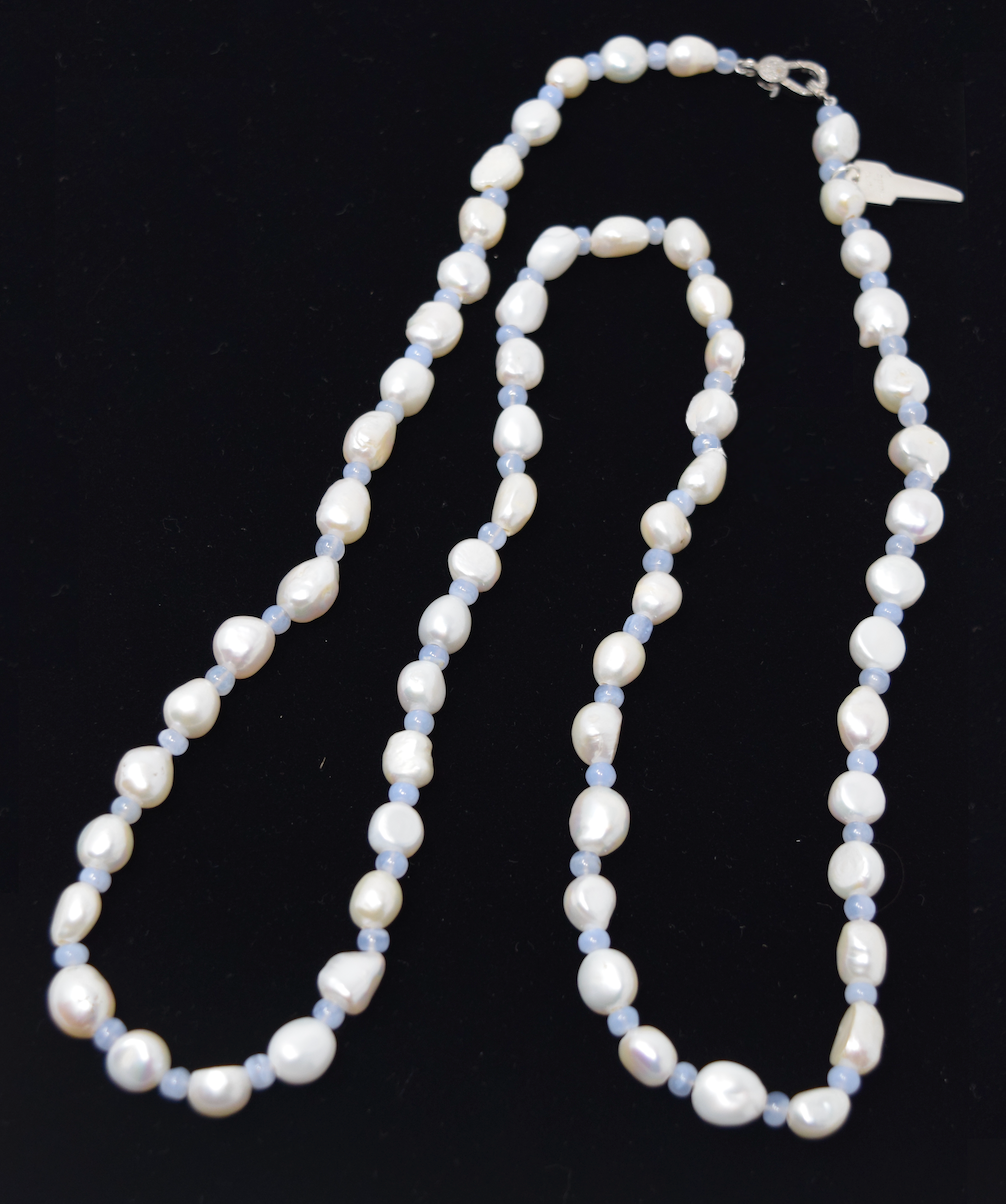 Pale Blue Chalcedony Quartz and Fresh Water Pearl Necklace