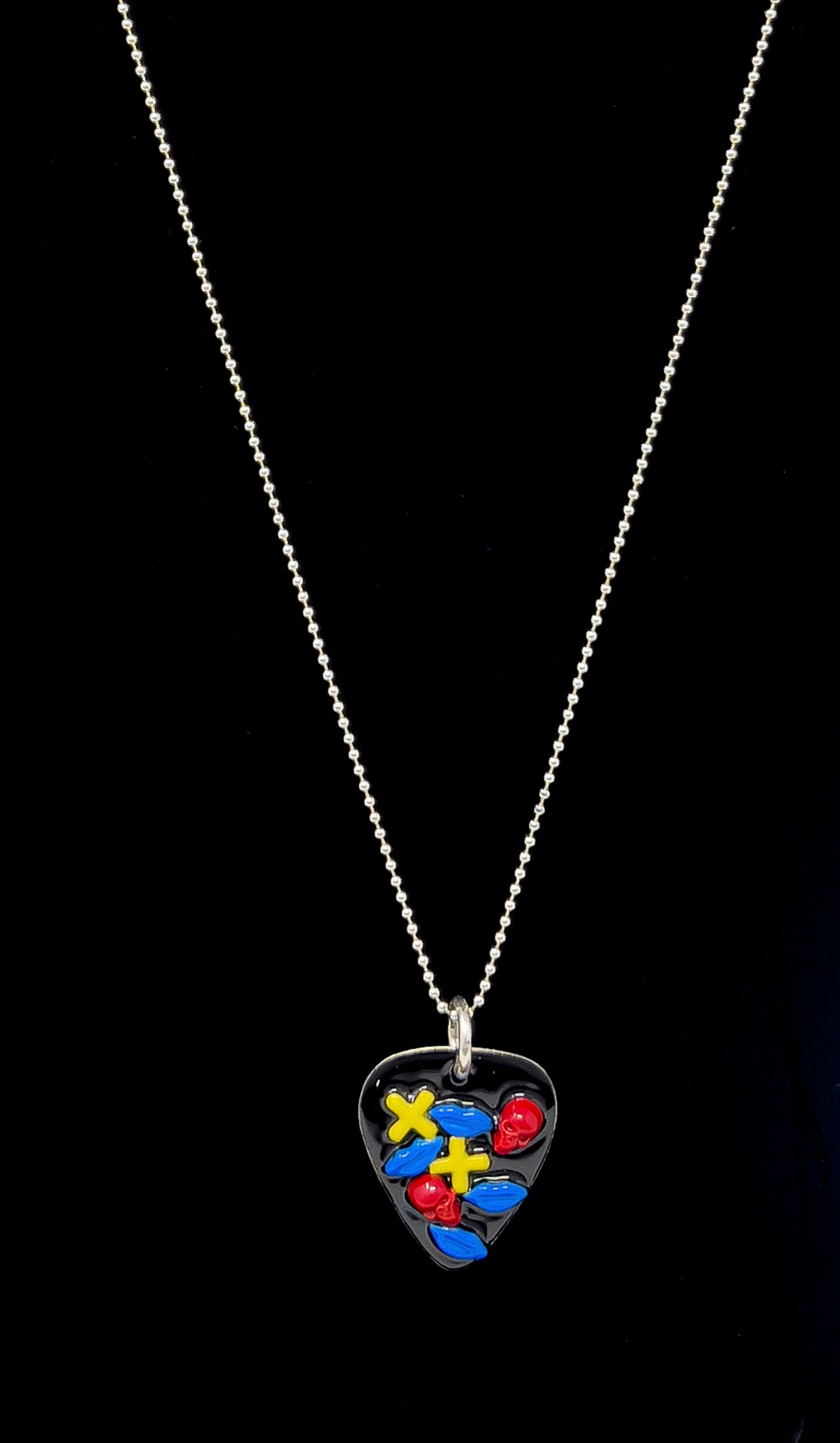 Black Kisses Enamel and Solid Sterling Silver Guitar Pick XOXO with Solid Sterling Silver Chain