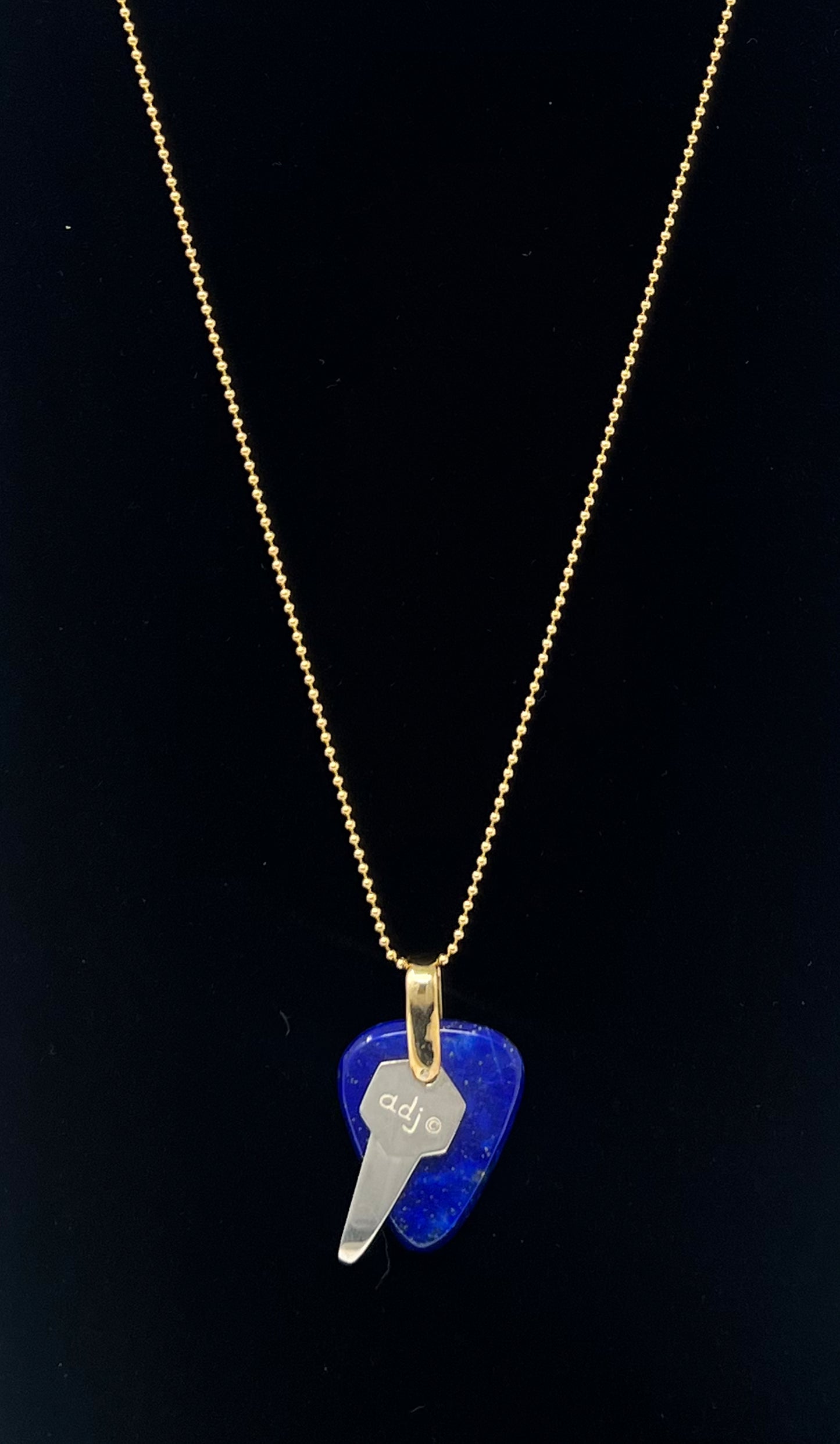 Carved Lapis Guitar Pick with Sterling Silver Key to the Heart on a Solid Gold Chain