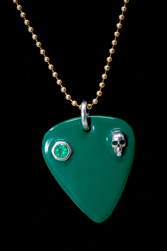 Blue and Green Eyes Enamel and Solid Sterling Silver Reversible Guitar Pick with Emerald Stone with Solid Sterling Silver Chain