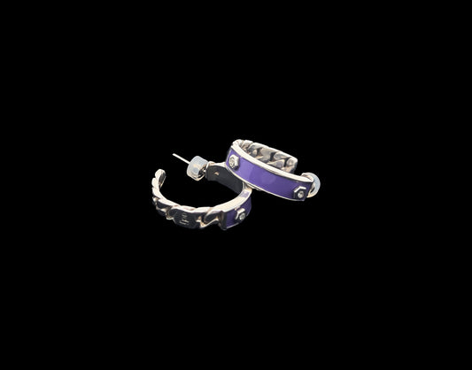 Purple Enamel with Diamond Bezels, Solid Sterling Silver ID Hoop Earrings