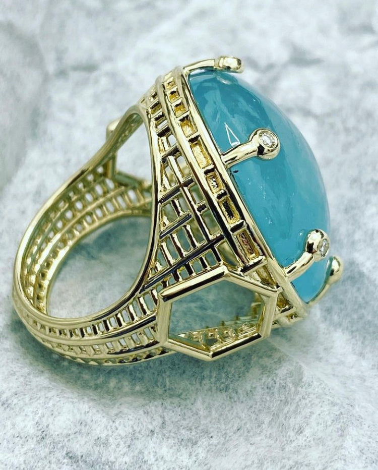 Aquamarine and Diamond Gold Empress Basket Ring