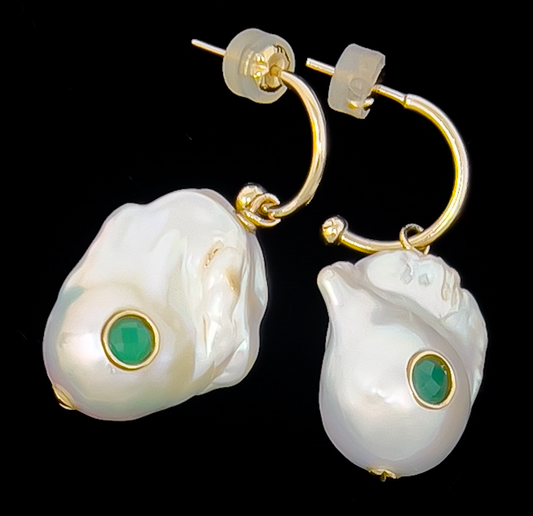 Chic Pearl Drop Earrings - Jade and Solid 10k Detachable Gold Hoops