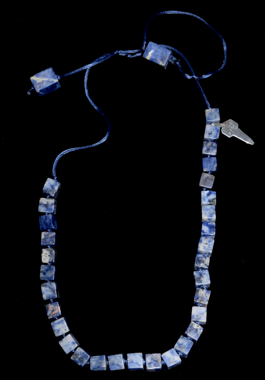 Solid Lapis Cube on a Silk Cord with Solid Sterling Silver ADJ Tag