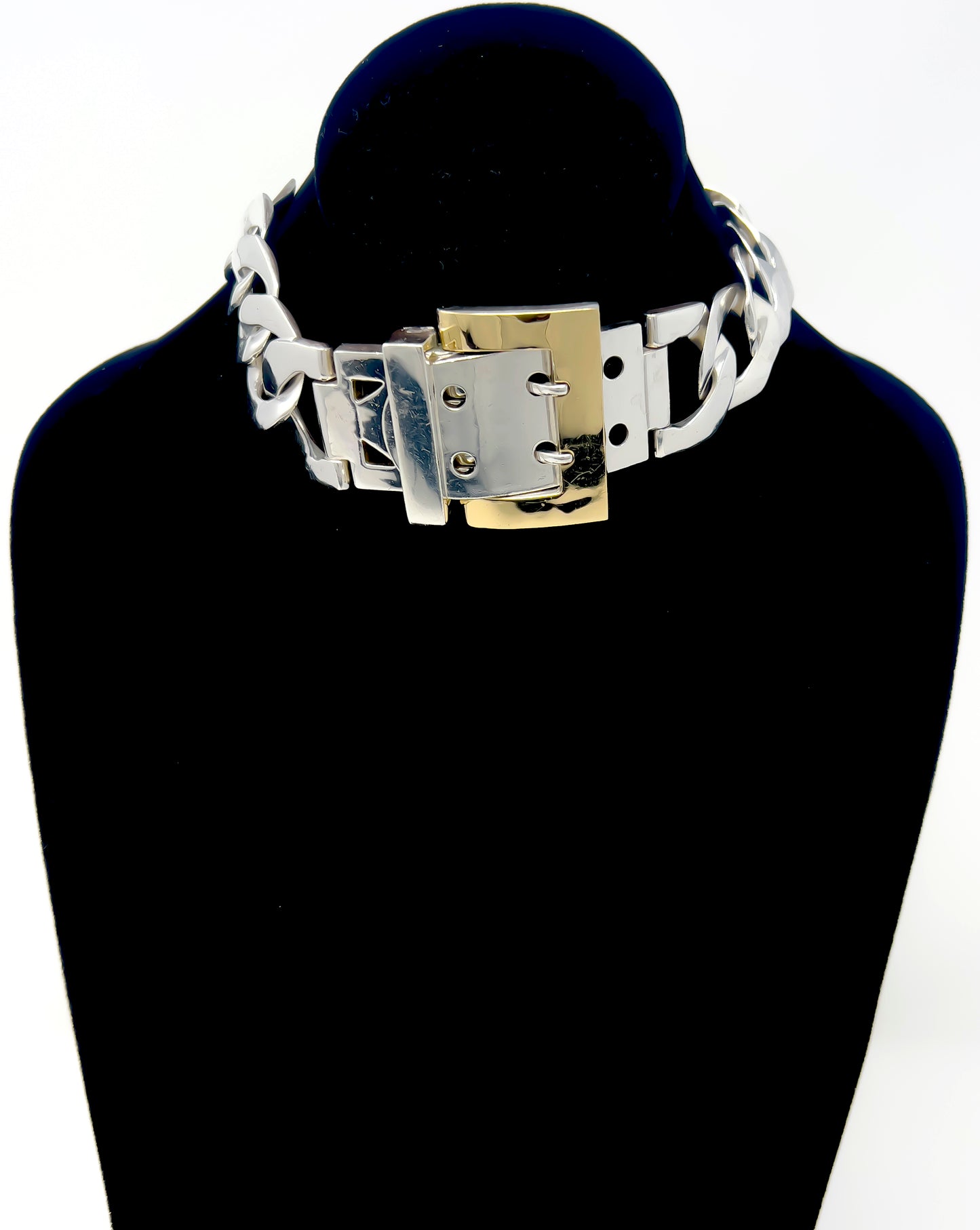 Solid Sterling Silver Large Link Buckle Choker with Solid 10k Gold Sheet Overlay