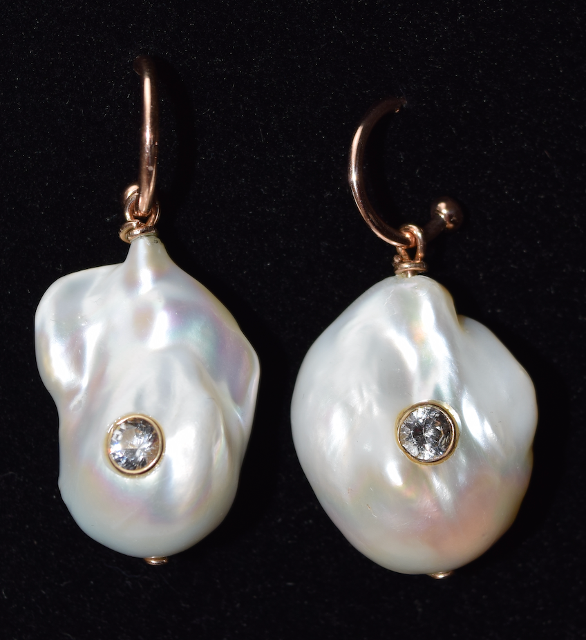 Dreamy Sexy Chic Pearls for Boys and Girls - White Sapphire in Baroque Pearls Earrings with Solid 14k Gold Hoops