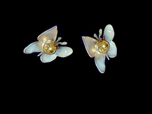 Make My Heart Flutter - Satin Brush Solid Sterling Silver Butterfly Earrings with Solid 10k Gold Bezels and 4mm Yellow Sapphire Centers