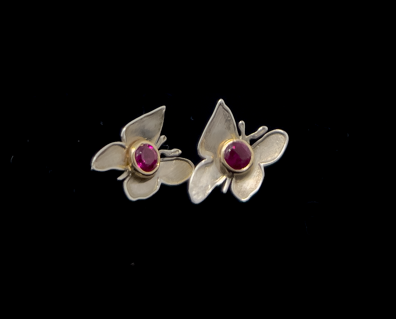 Make My Heart Flutter — Satin Brushed Solid Sterling Silver Butterfly Earrings with Solid 10k Gold Bezels and 4mm Ruby Centers
